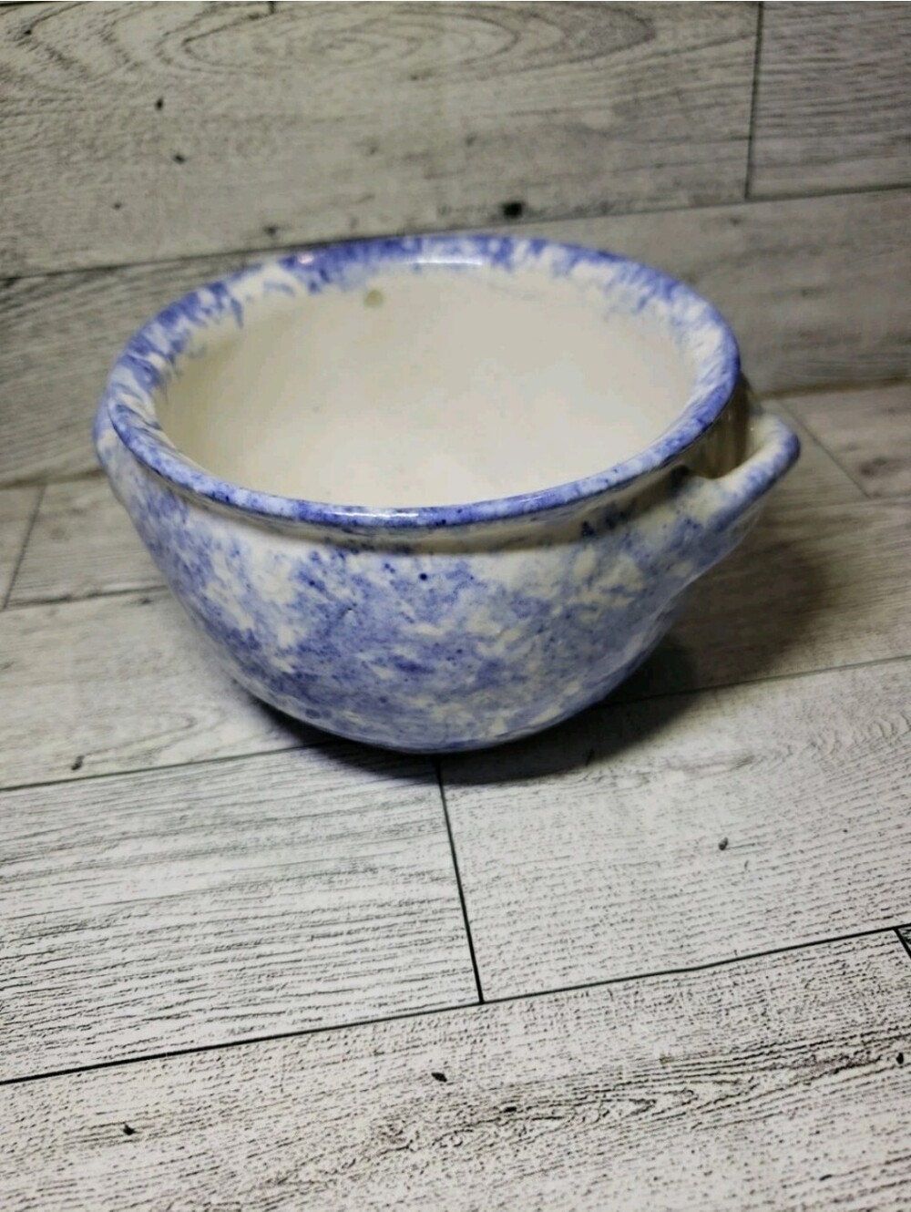 Vtg Blue White Pottery Bowl Handle Handmade Signed Trinket